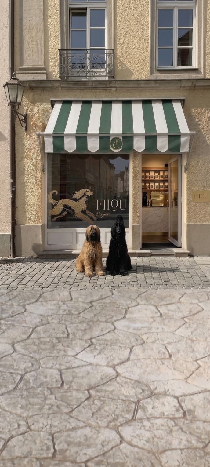 Afghan Hounds outside Filou Coffee Munich
